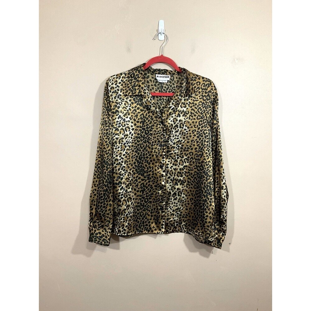VTG Womens Satin Leopard Animal Print Button Up Shirt L Brown 90s Mob Wife Party